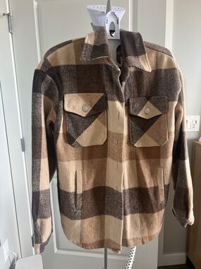 Men's Plaid Wool-Blend Shacket Jacket - Brown/Cream